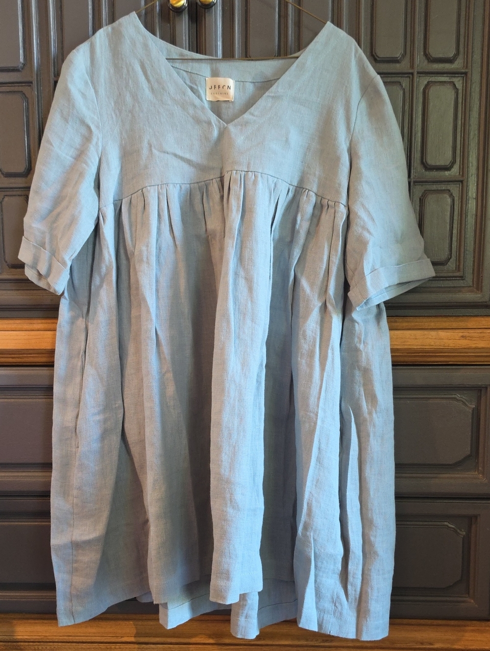 Offon Clothing Blue-Green-Gray Linen V-Neck Tunic Dress